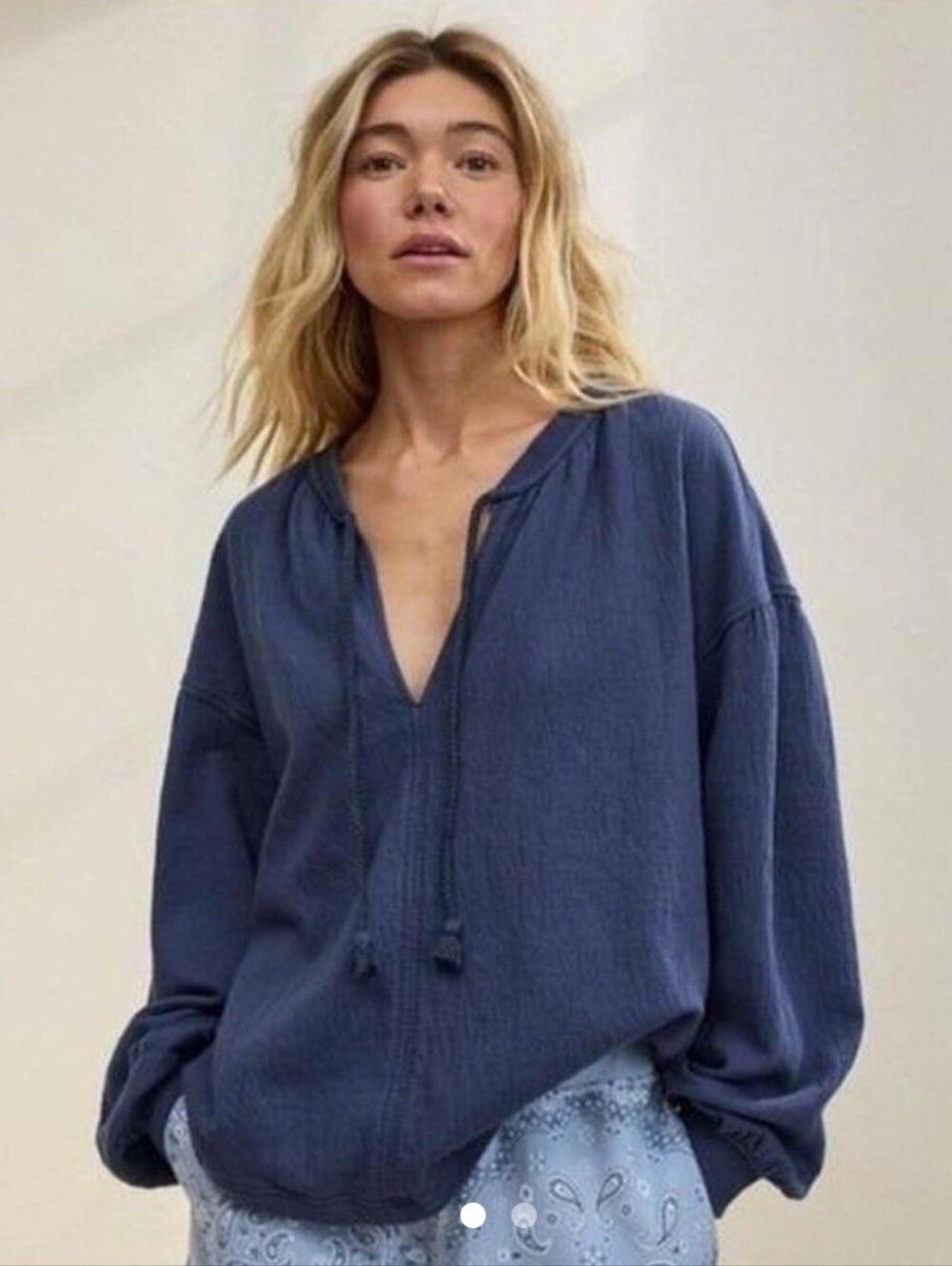 NWOT Aerie Easy Street Pullover Blue Tie-Neck Peasant Top Beachy Oversized